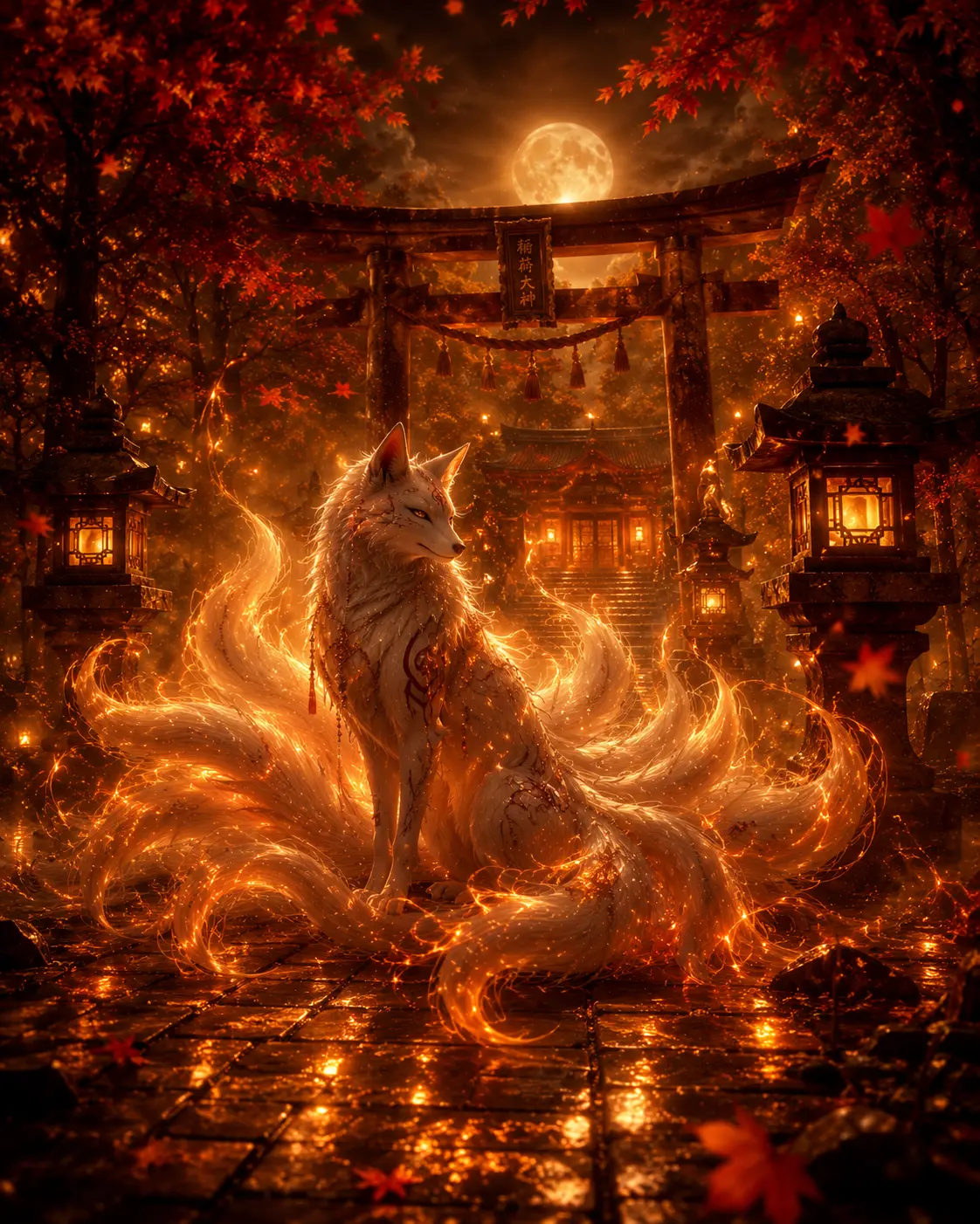九尾狐神社幻夢橘紅火焰AI生成圖