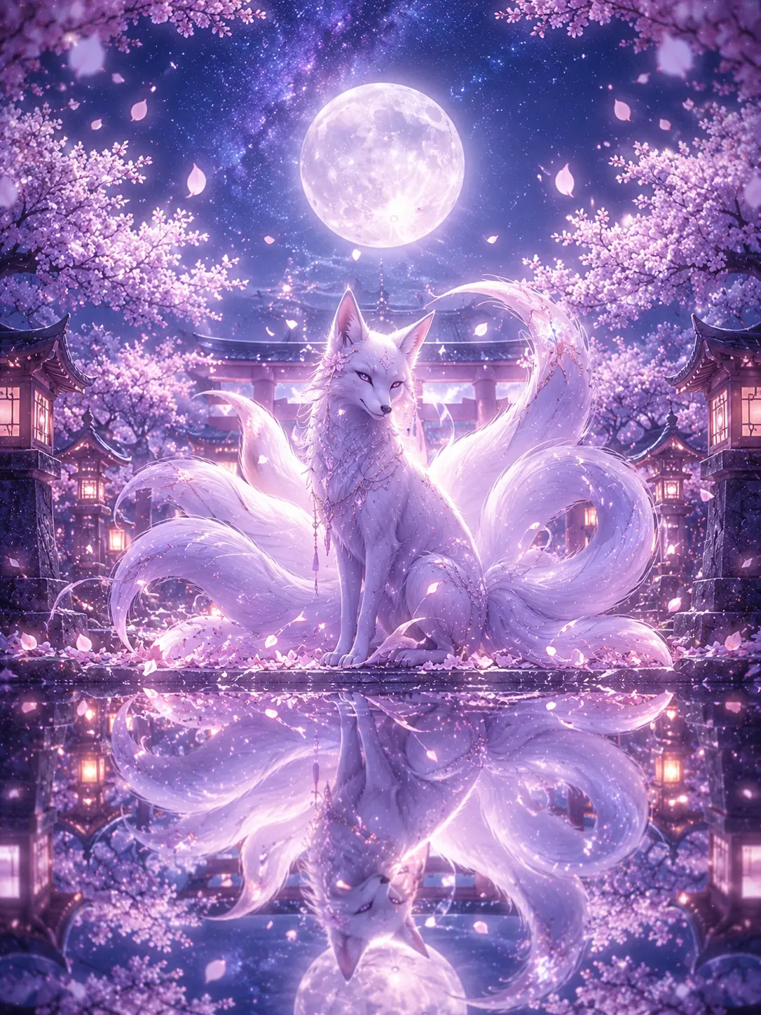 九尾狐夢幻粉紫插畫AI生成圖
